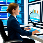 A professional person in modest business attire, seated at a modern, ergonomic desk, interacting with a futuristic holographic display that projects diverse news articles, statistical data, and varied viewpoints, symbolizing the act of breaking free from a filter bubble and engaging with pluralistic information sources. The background is a sleek, brightly lit contemporary office space with large windows. The overall atmosphere is one of intellectual curiosity and open-mindedness. professional photography, high resolution, soft lighting, vibrant colors, fully clothed, appropriate attire, safe for work, perfect anatomy, correct proportions, natural pose, well-formed hands, proper finger count, natural body proportions, family-friendly.