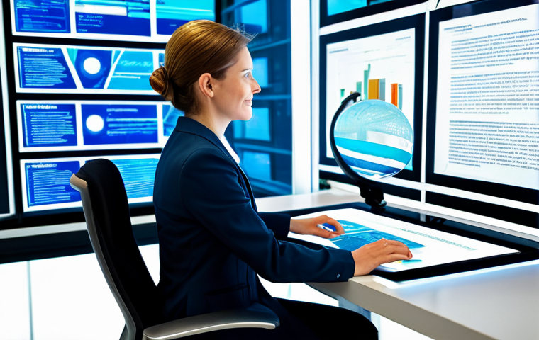 A professional person in modest business attire, seated at a modern, ergonomic desk, interacting with a futuristic holographic display that projects diverse news articles, statistical data, and varied viewpoints, symbolizing the act of breaking free from a filter bubble and engaging with pluralistic information sources. The background is a sleek, brightly lit contemporary office space with large windows. The overall atmosphere is one of intellectual curiosity and open-mindedness. professional photography, high resolution, soft lighting, vibrant colors, fully clothed, appropriate attire, safe for work, perfect anatomy, correct proportions, natural pose, well-formed hands, proper finger count, natural body proportions, family-friendly.