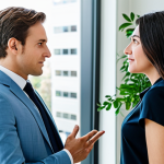 A professional man and woman, both fully clothed in modern business casual attire, engaged in a focused, empathetic conversation. The woman is attentively listening with an open, understanding expression, while the man speaks, maintaining natural eye contact. Set in a bright, inviting co-working space with soft natural light coming through large windows, showcasing contemporary furniture and green plants in the background. perfect anatomy, correct proportions, natural pose, well-formed hands, proper finger count, natural body proportions, professional photography, high detail, realistic, vibrant colors, clear focus, appropriate content, safe for work, fully clothed, professional, modest clothing.