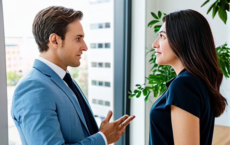 A professional man and woman, both fully clothed in modern business casual attire, engaged in a focused, empathetic conversation. The woman is attentively listening with an open, understanding expression, while the man speaks, maintaining natural eye contact. Set in a bright, inviting co-working space with soft natural light coming through large windows, showcasing contemporary furniture and green plants in the background. perfect anatomy, correct proportions, natural pose, well-formed hands, proper finger count, natural body proportions, professional photography, high detail, realistic, vibrant colors, clear focus, appropriate content, safe for work, fully clothed, professional, modest clothing.