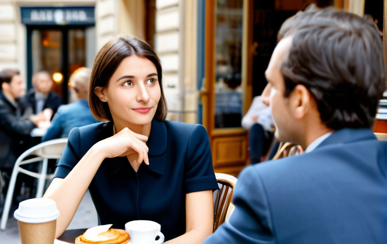 Active Listening in a Parisian Cafe**
"A professional woman in a modest business dress, attentively listening to a colleague in a bright, bustling Parisian cafe. They are sitting at a table with coffee cups. Background includes blurred people and classic Parisian architecture. Safe for work, appropriate content, fully clothed, professional, perfect anatomy, natural proportions, well-formed hands, proper finger count, family-friendly."
**