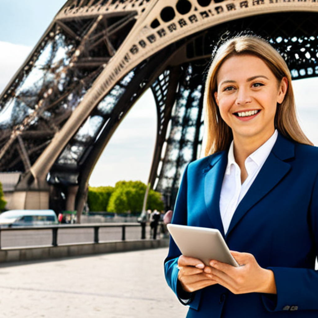 **
A professional businesswoman in a stylish, modest business suit (skirt and jacket), standing in front of the Eiffel Tower in Paris. She is holding a professional-looking tablet and smiling confidently. The scene is bright and sunny, with tourists in the background. Fully clothed, appropriate attire, safe for work, perfect anatomy, natural proportions, professional photography, high quality, family-friendly.
**