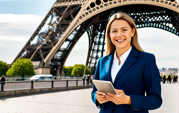 **
A professional businesswoman in a stylish, modest business suit (skirt and jacket), standing in front of the Eiffel Tower in Paris. She is holding a professional-looking tablet and smiling confidently. The scene is bright and sunny, with tourists in the background. Fully clothed, appropriate attire, safe for work, perfect anatomy, natural proportions, professional photography, high quality, family-friendly.
**