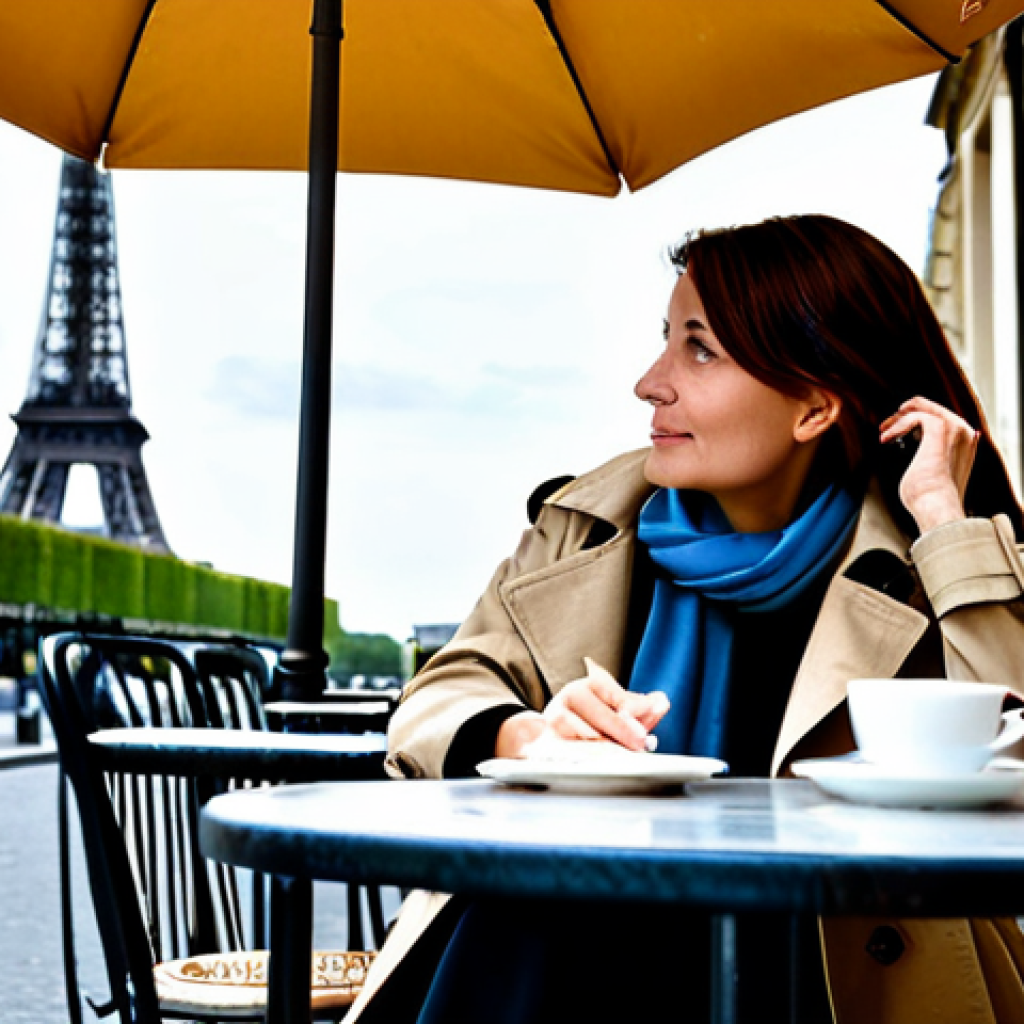 Parisian Cafe Scene**
"A professional woman in a chic, modest trench coat and scarf sits at a cafe table in Paris, sipping coffee. The cafe has outdoor seating with classic French bistro chairs and umbrellas. Background: Eiffel Tower visible in the distance. Safe for work, appropriate content, fully clothed, professional photography, perfect anatomy, natural pose, well-formed hands, proper finger count, family-friendly."
**