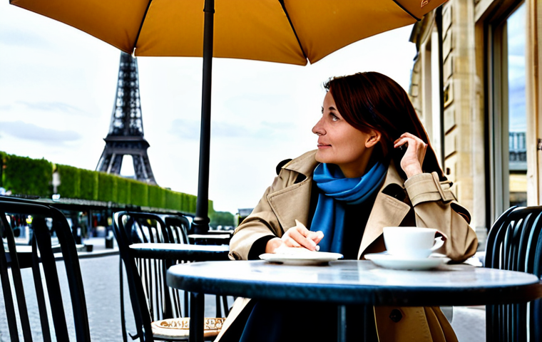 Parisian Cafe Scene**
"A professional woman in a chic, modest trench coat and scarf sits at a cafe table in Paris, sipping coffee. The cafe has outdoor seating with classic French bistro chairs and umbrellas. Background: Eiffel Tower visible in the distance. Safe for work, appropriate content, fully clothed, professional photography, perfect anatomy, natural pose, well-formed hands, proper finger count, family-friendly."
**