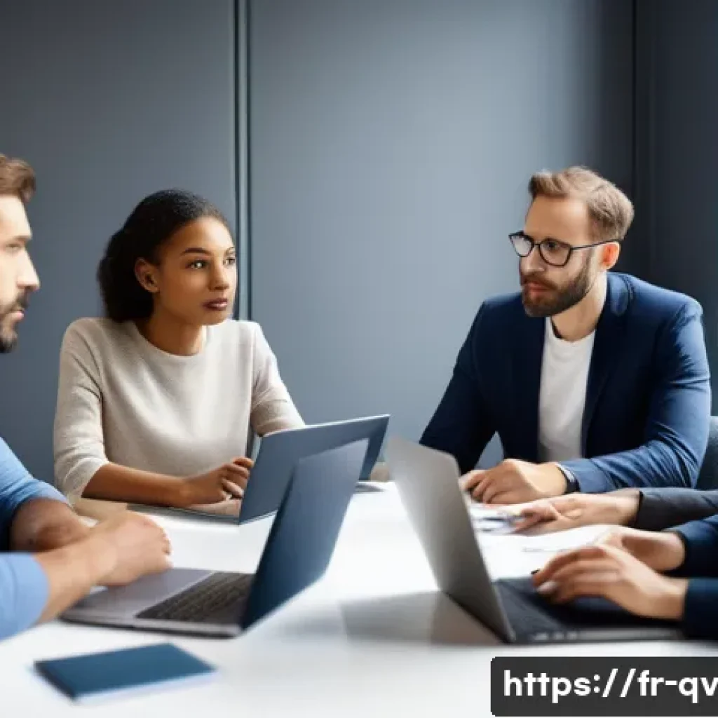 생산적인 의견 제시를 위한 연습 방법 - A diverse group of professionals engaged in a calm, respectful meeting in a modern French office set...