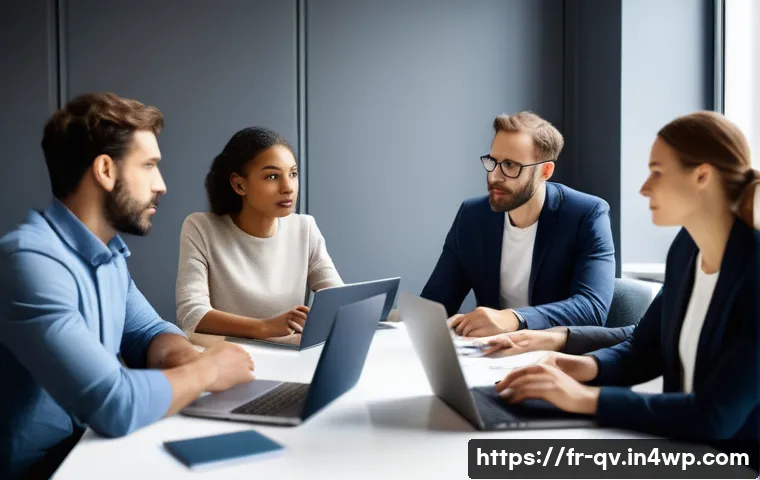 생산적인 의견 제시를 위한 연습 방법 - A diverse group of professionals engaged in a calm, respectful meeting in a modern French office set...