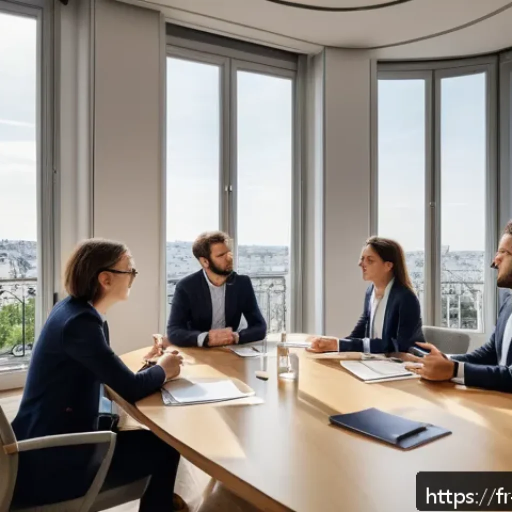 팀워크를 기반으로 한 토론 참여법 - A modern corporate meeting room in Paris with a diverse group of professionals actively engaging in ...