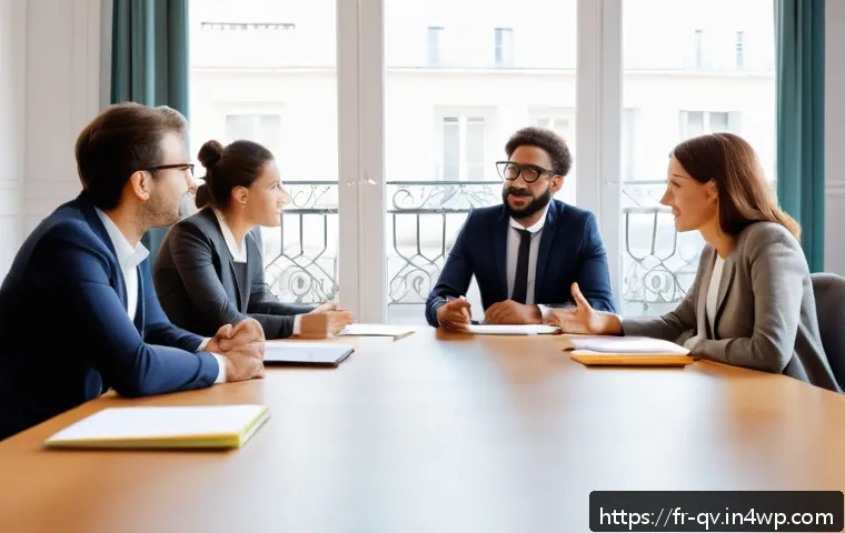 비판적 질문을 통한 깊이 있는 토론 - A professional French office setting with a diverse group of colleagues engaged in a lively discussi...